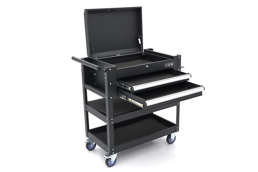 HBM 2 Laden Gereedschapswagen Met 2 Plateaus En Opbergvak - 91 Cm - Zwart - Image 2