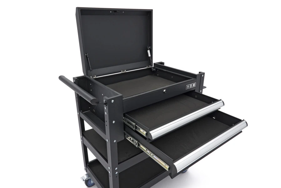 HBM 2 Laden Gereedschapswagen Met 2 Plateaus En Opbergvak - 91 Cm - Zwart - Image 3