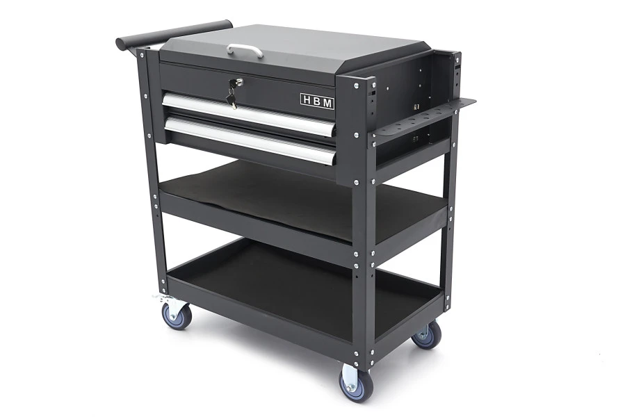HBM 2 Laden Gereedschapswagen Met 2 Plateaus En Opbergvak - 91 Cm - Zwart
