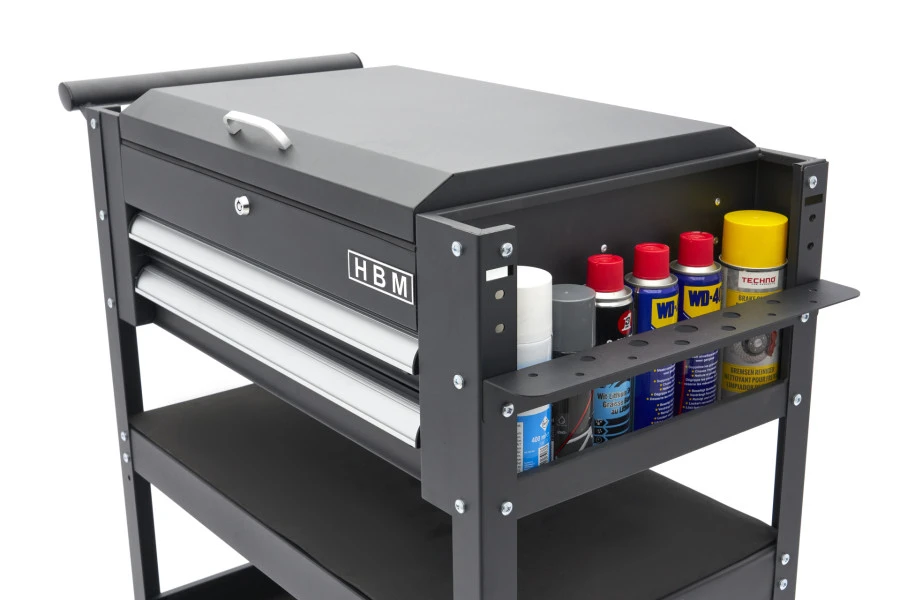 HBM 2 Laden Gereedschapswagen Met 2 Plateaus En Opbergvak - 91 Cm - Zwart - Image 13
